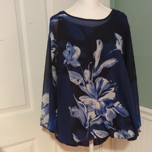 Roz & Ali 2X Blue Floral Sheer Top W/ Built In Tank Top Silver Accents - Picture 1 of 10